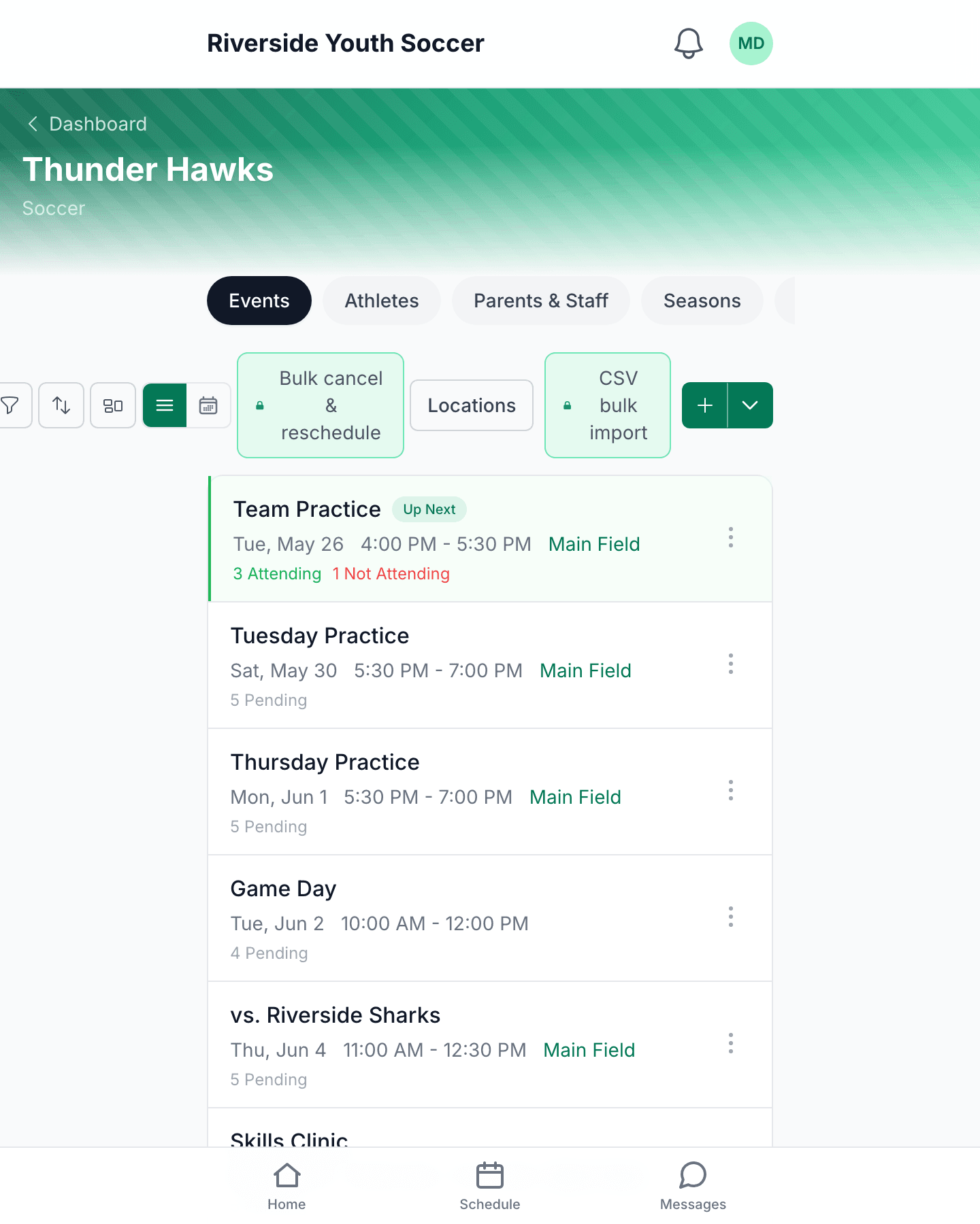 Coach view: roster and team management