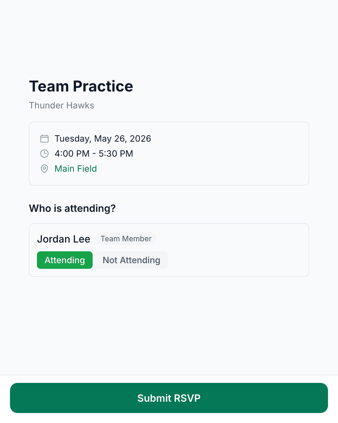 Event detail with RSVP responses and headcount
