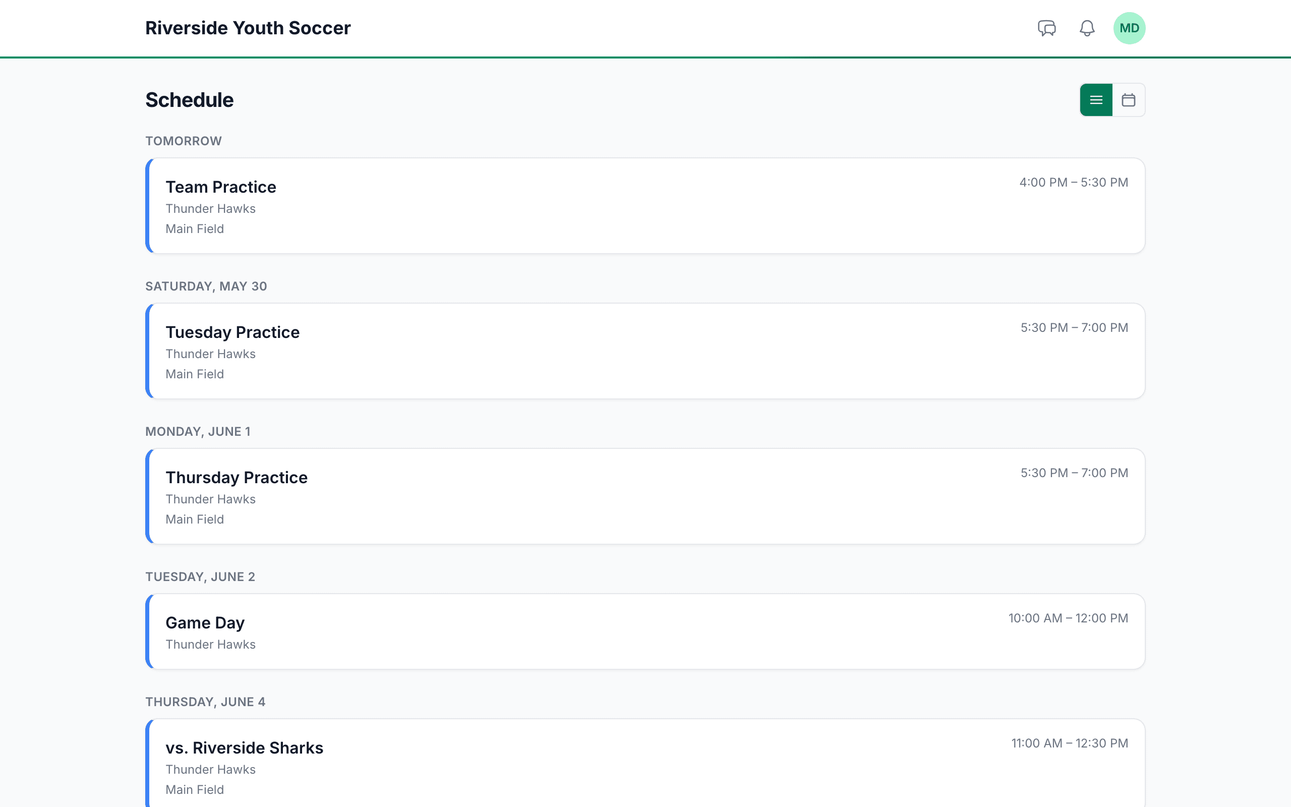 Squadz schedule view showing recurring practices and games